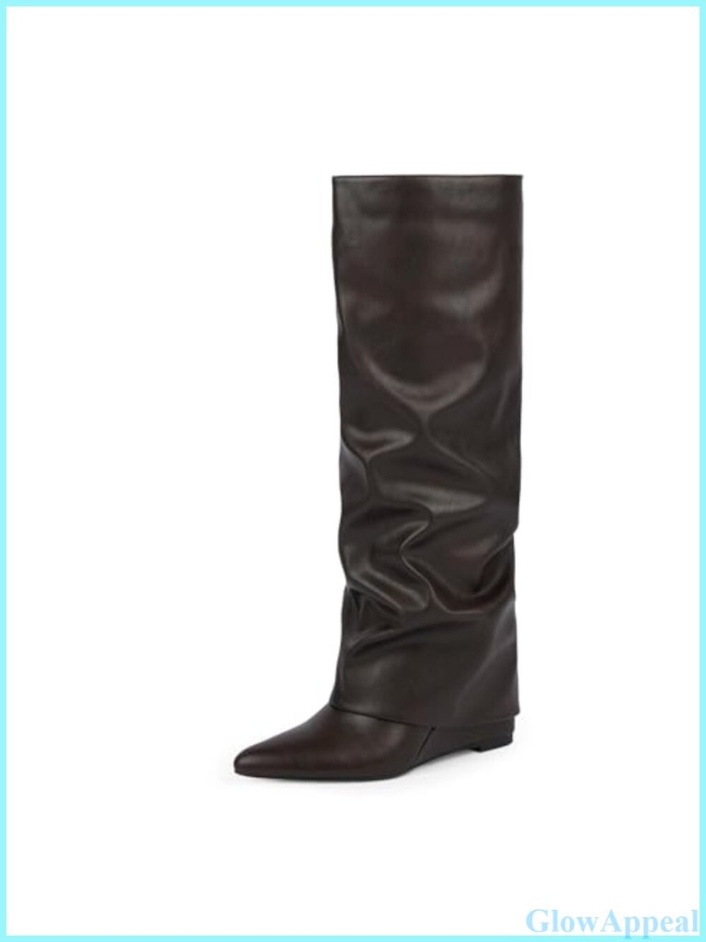 Fold Over Knee High Boots PU Leather Wedge Heel Pointed Toe Wide Calf
